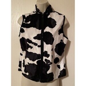 Vintage Y2K 90s Black White Cow Print Zip Up Sleeveless Vest Size 14/16